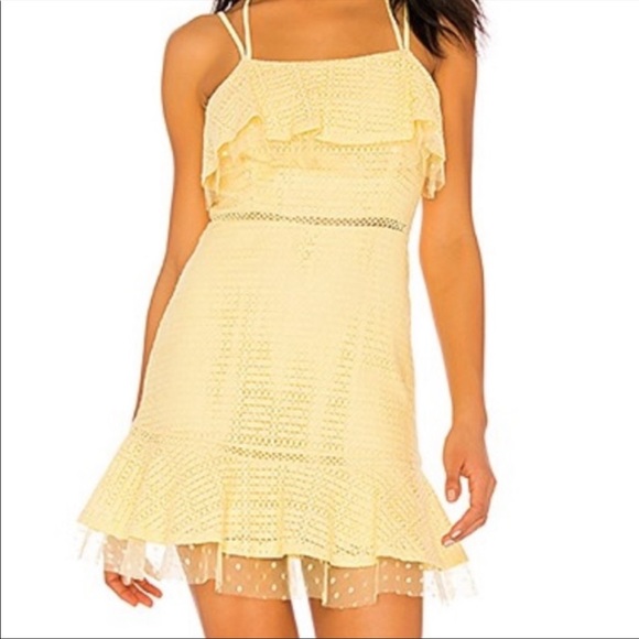 HP🌸🌼 J.O.A. | Lace Detail Ruffle Hem Dress. XS. Yellow. Multi Textured Lace. - Picture 2 of 12